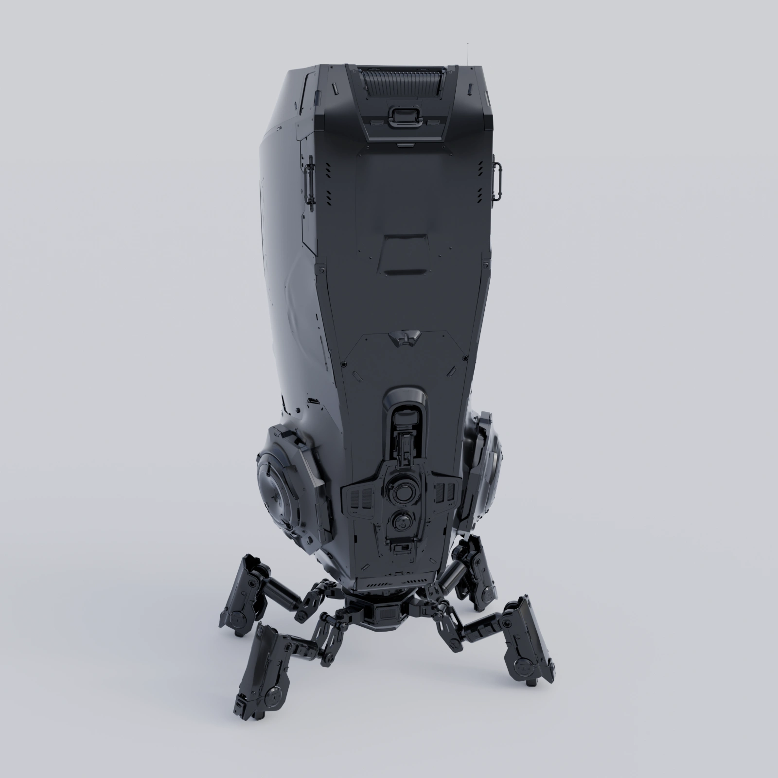 Full assembled dark gray robot with a tall body and articulated feet on a light gray background