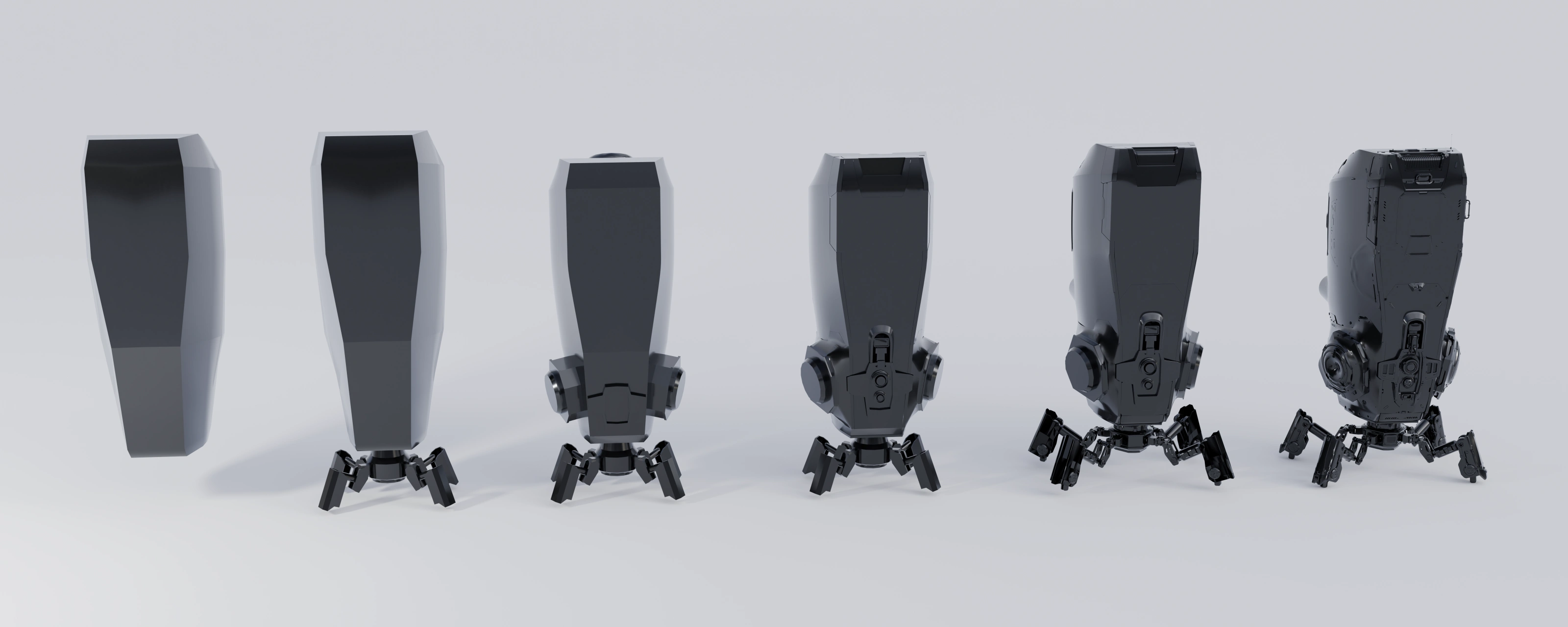 Six robot modeling stages arranged left to right, from a simple body shape to the detailed assembled model
