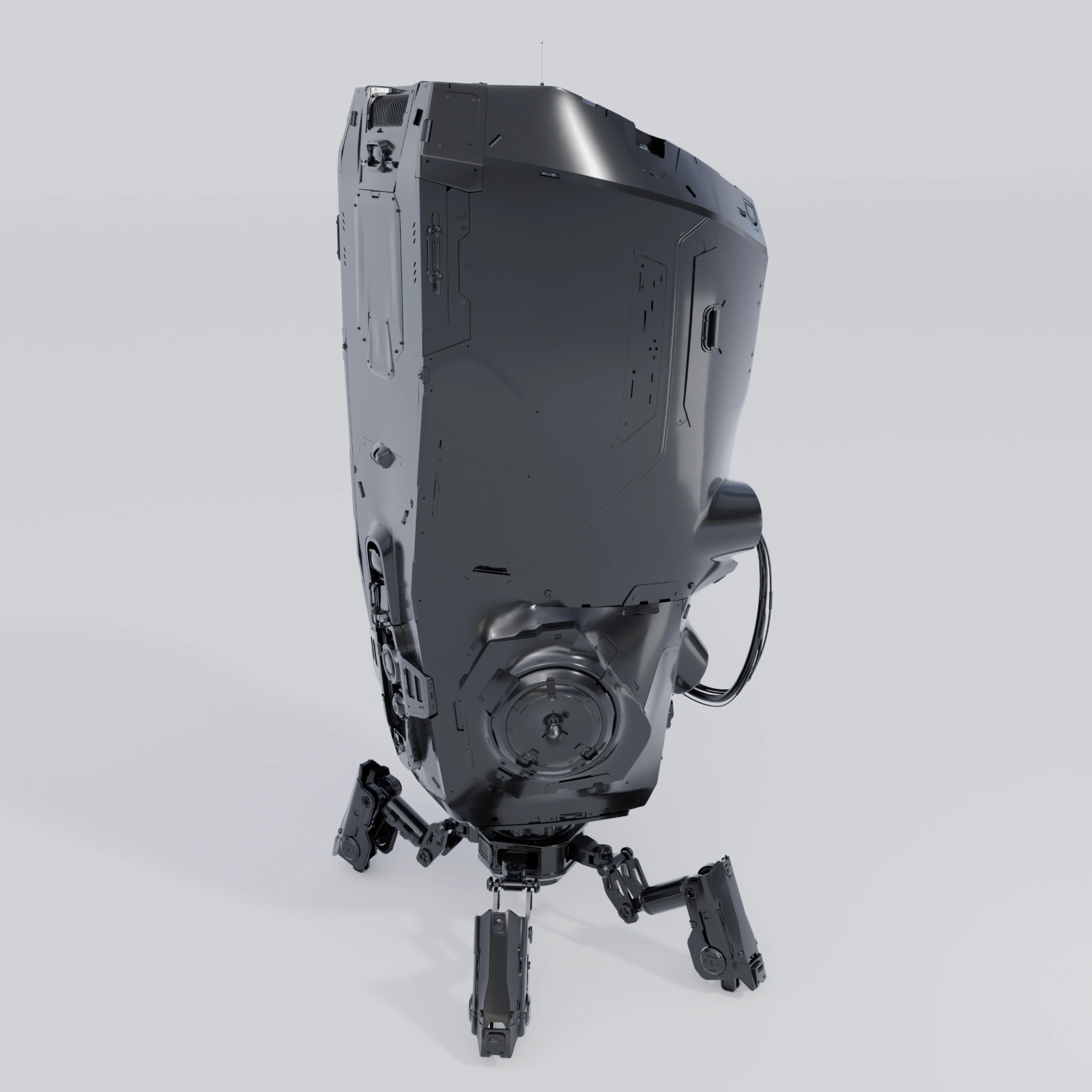 Three-quarter side view of the assembled robot showing its tall outer shell and circular side mechanism