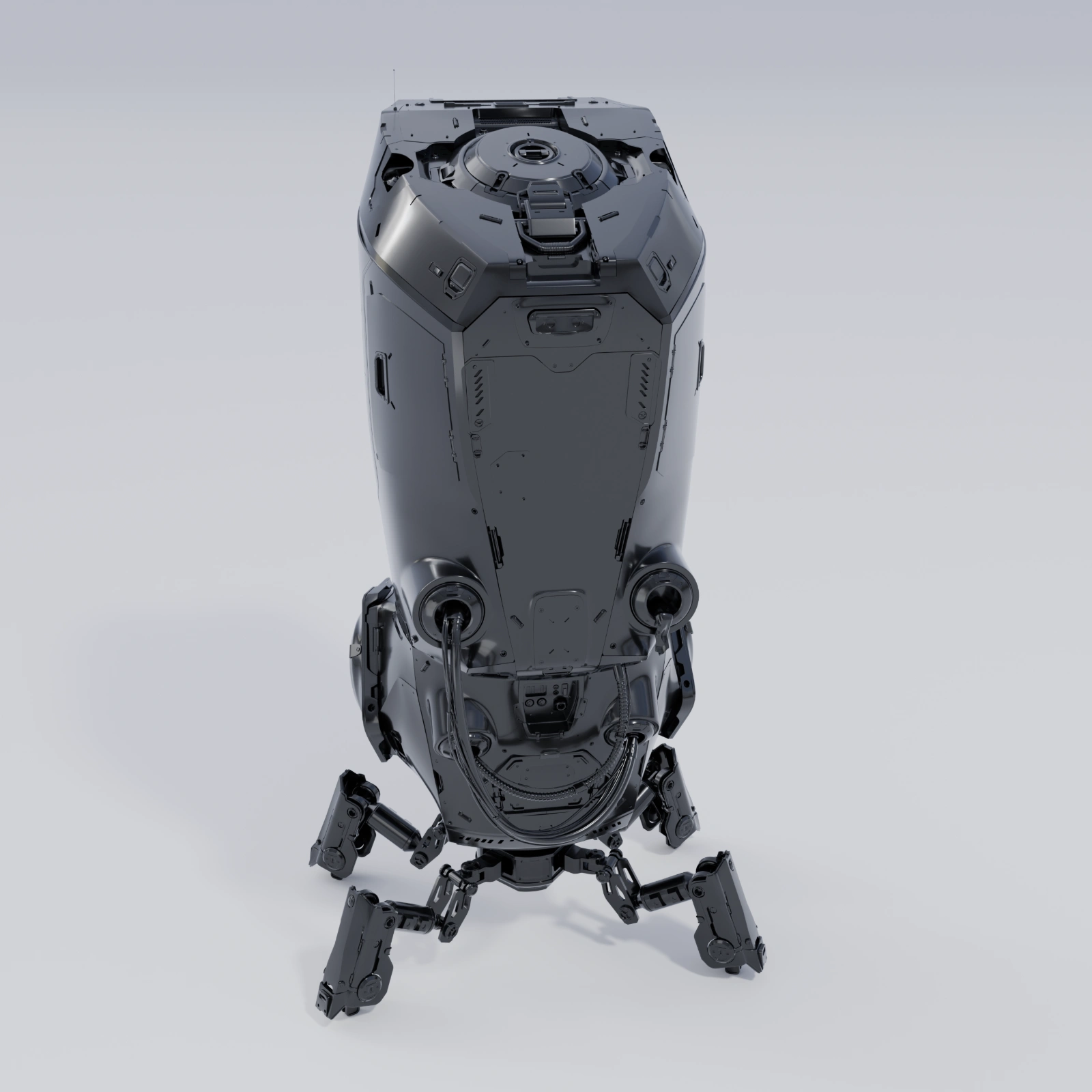 Elevated view of the assembled robot showing the upper circular panel and feet