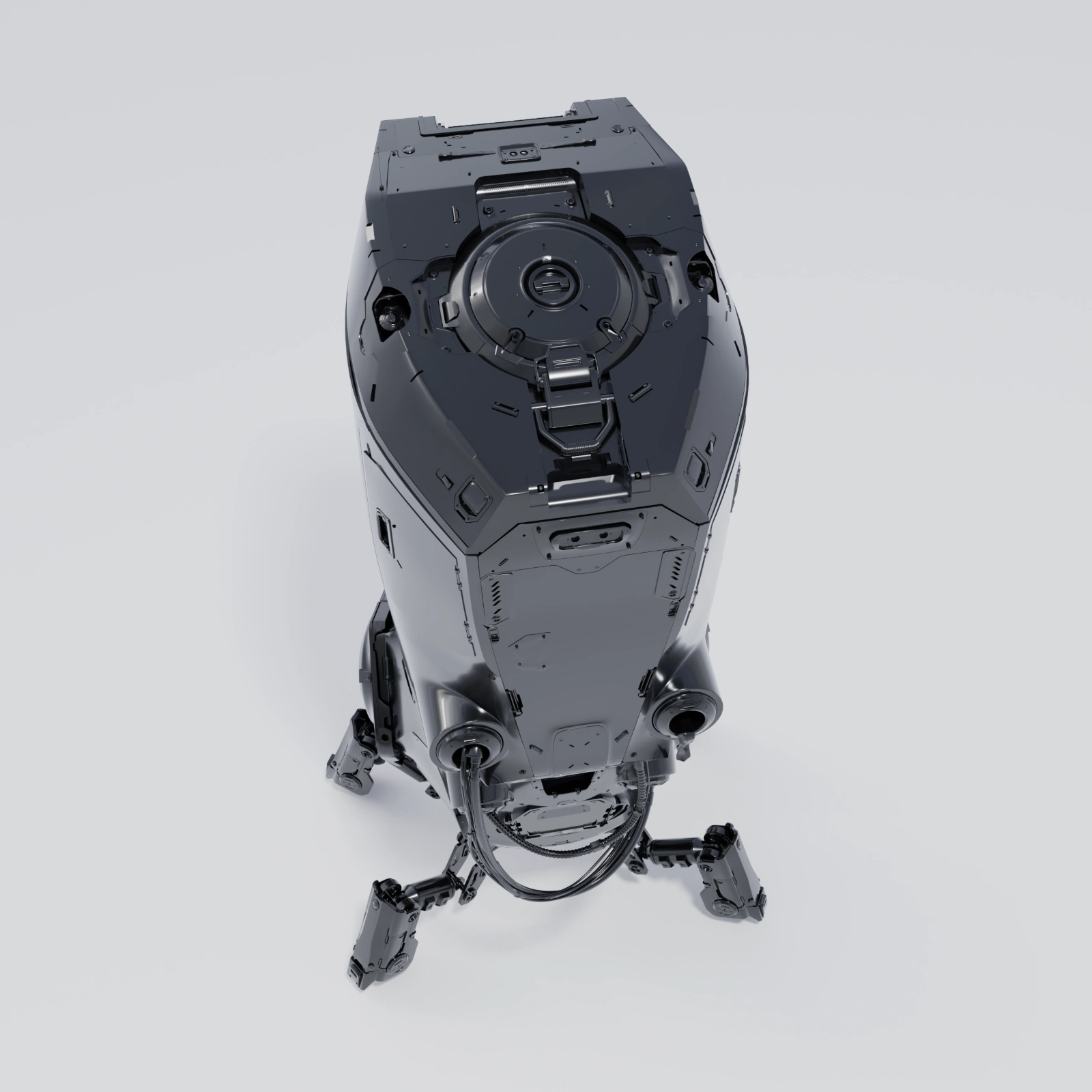 High-angle view of the robot showing the top panel, mechanical connectors and legs