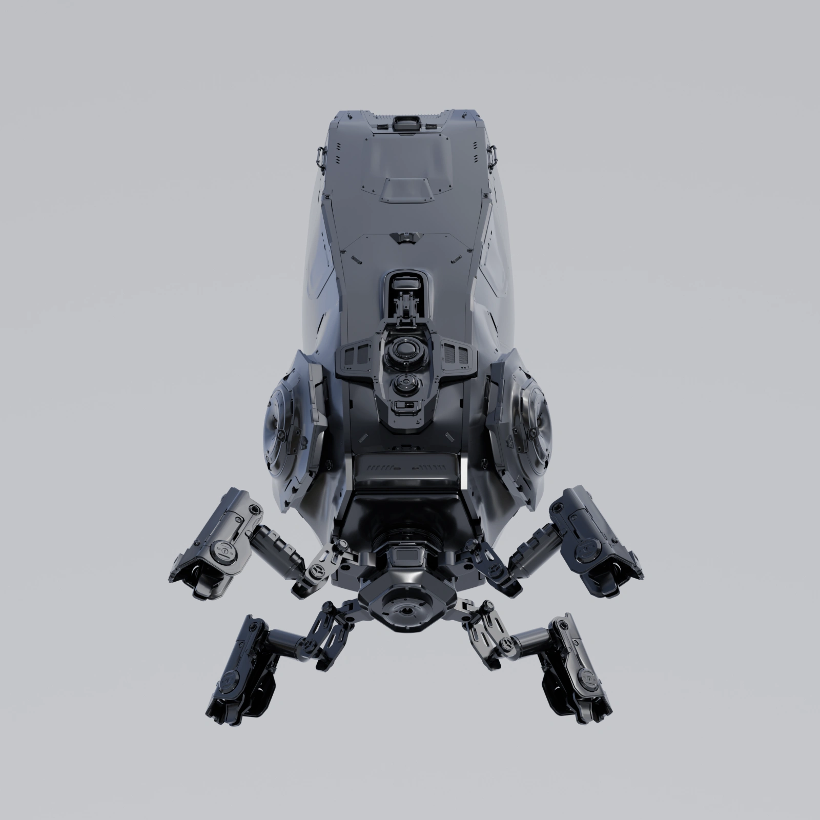 Low-angle view of the robot showing its body, lower mechanisms and articulated feet
