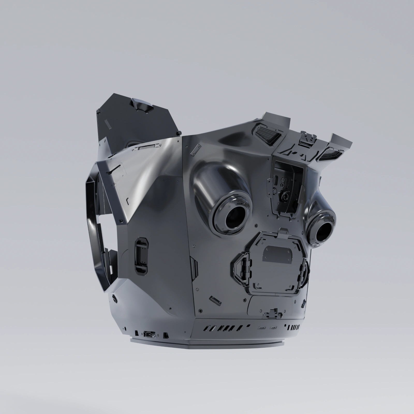 Isolated angular mechanical housing with circular openings and surface panel details